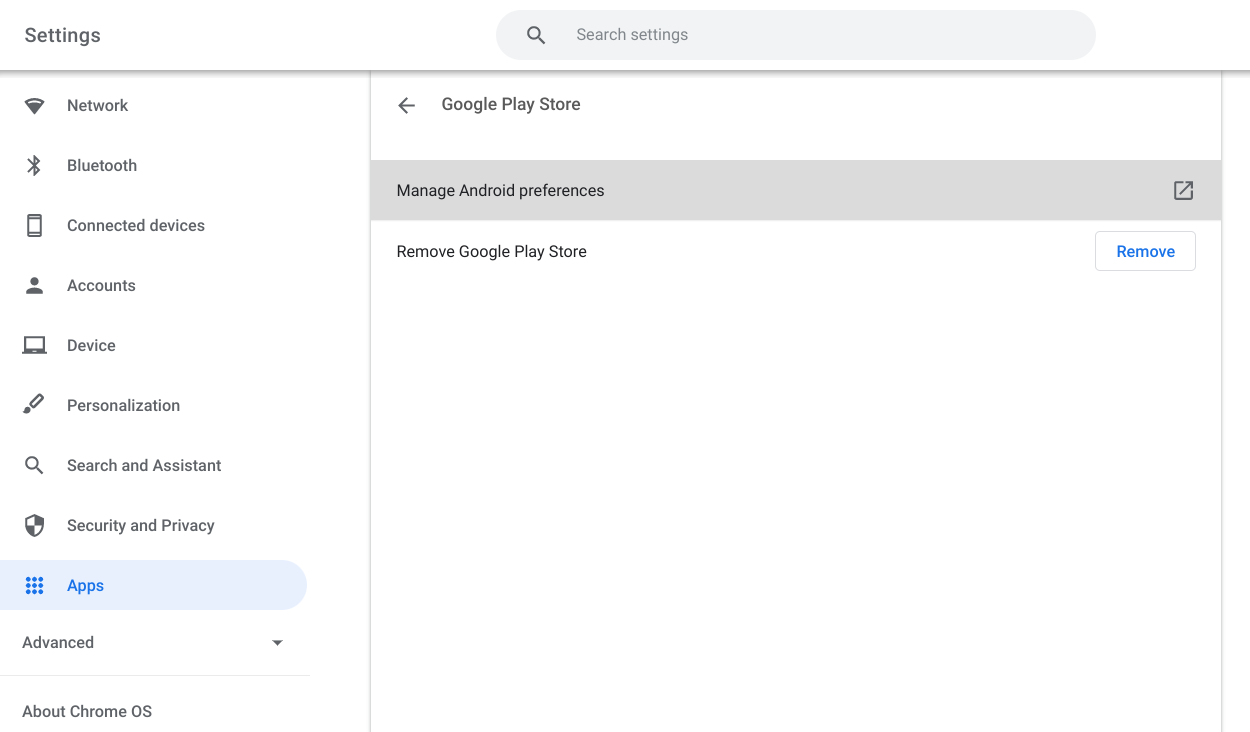 Chrome OS: click Manage Android preferences