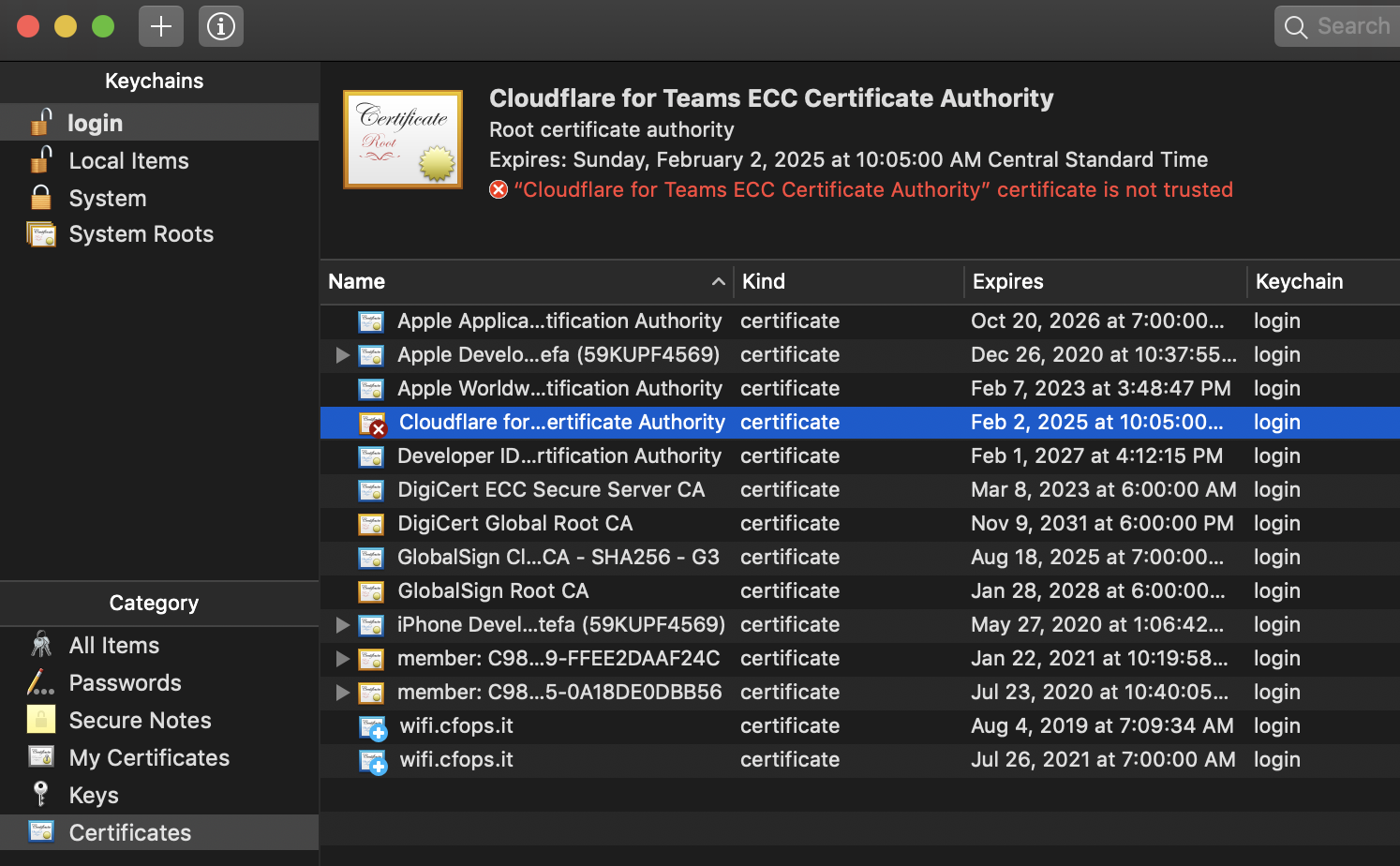MacOS: view certificate in keychain
